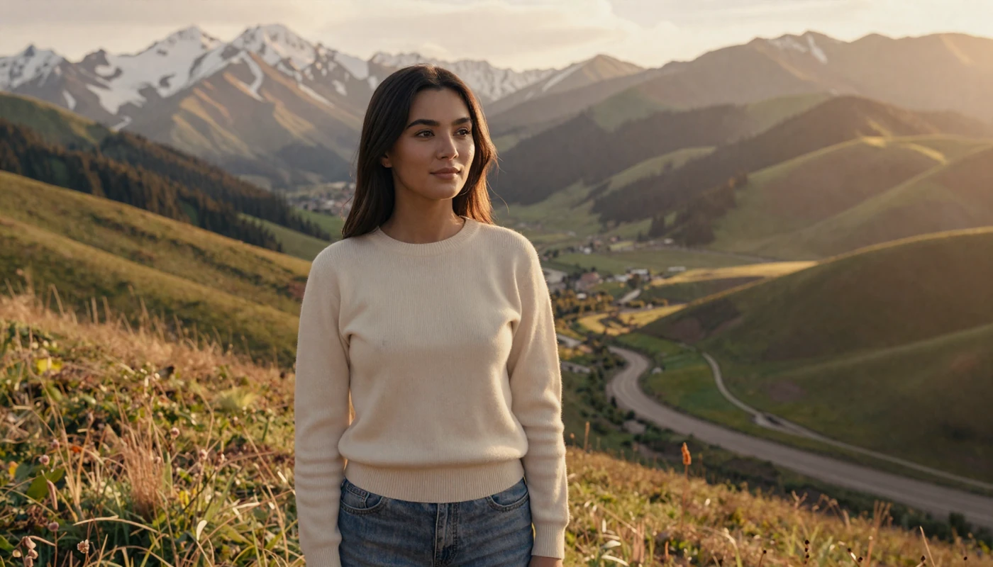 Beautiful Kyrgyz woman on a mountain hillside overlooking Tian Shan peaks ready for online dating connection
