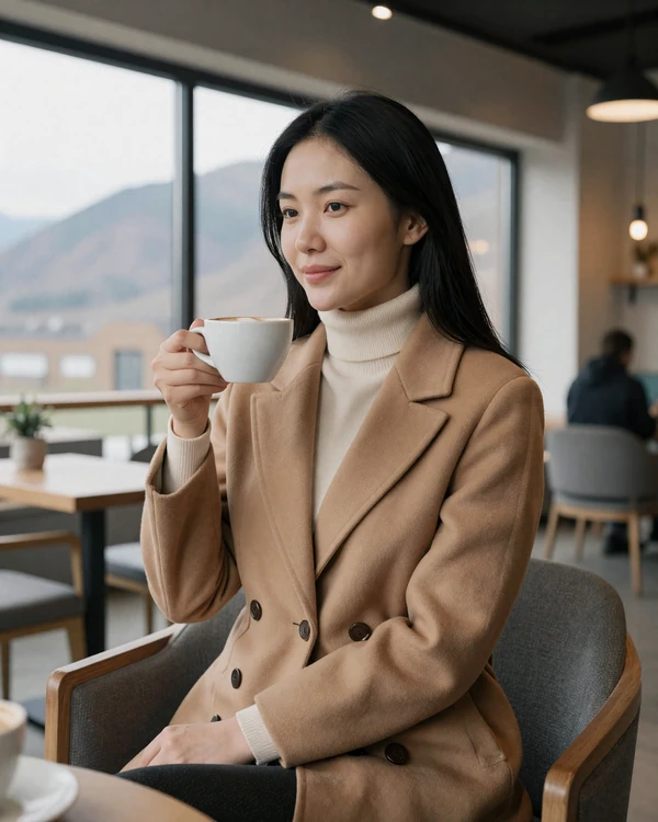 Educated Kazakh woman in modern Almaty café with Tien Shan mountain view reflecting Kazakhstan singles culture