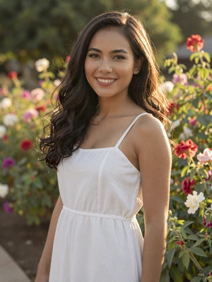 Nong, 25, verified Thai woman from Chiang Mai in white sundress near flower garden