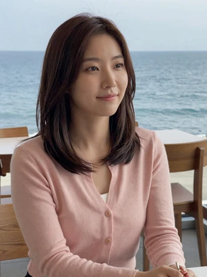 Soo-jin, 28, verified Korean woman from Busan in pink cardigan at seaside cafe