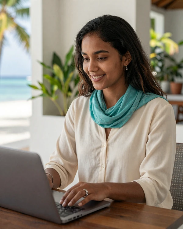 Maldivian woman using video chat to connect with Western partner on TheNewRelationships