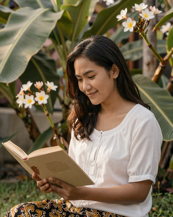 Indonesian woman reading in a tropical garden reflecting the educated modern culture of Indonesian singles