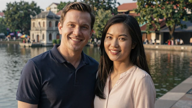 Michael and Linh smiling together by Hoan Kiem Lake in Hanoi, Vietnam