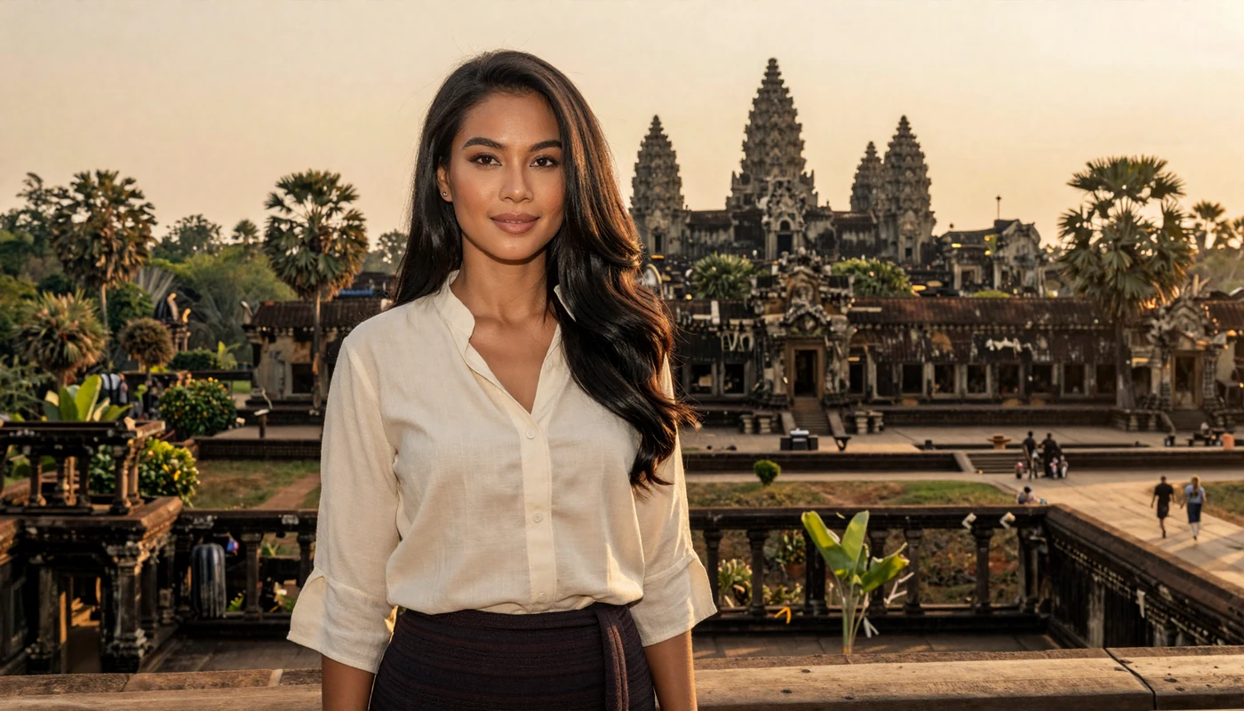 Beautiful Cambodian woman in elegant outfit with Angkor-era temple backdrop representing Khmer dating culture